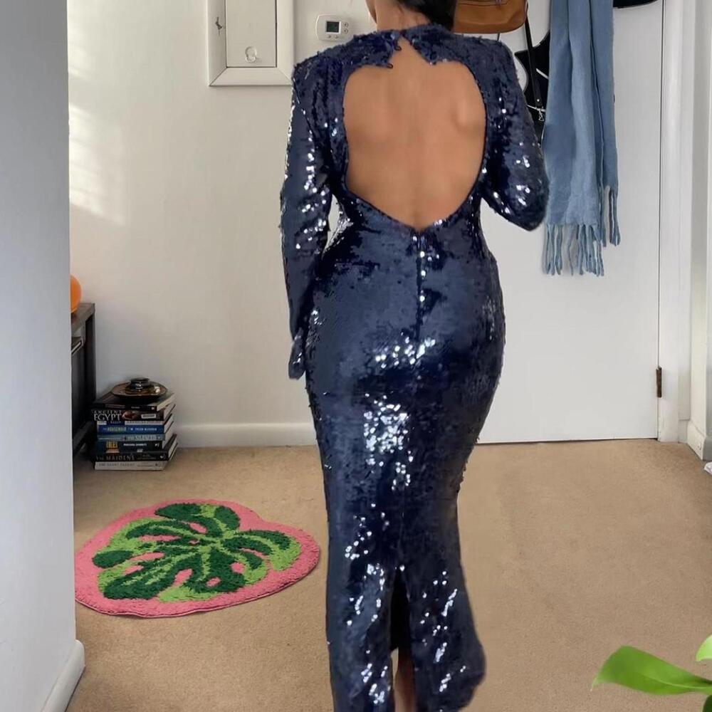 Navy blue sequin maxi dress with long sleeves & high neck. self portrait, size 0 - Picture 4 of 8